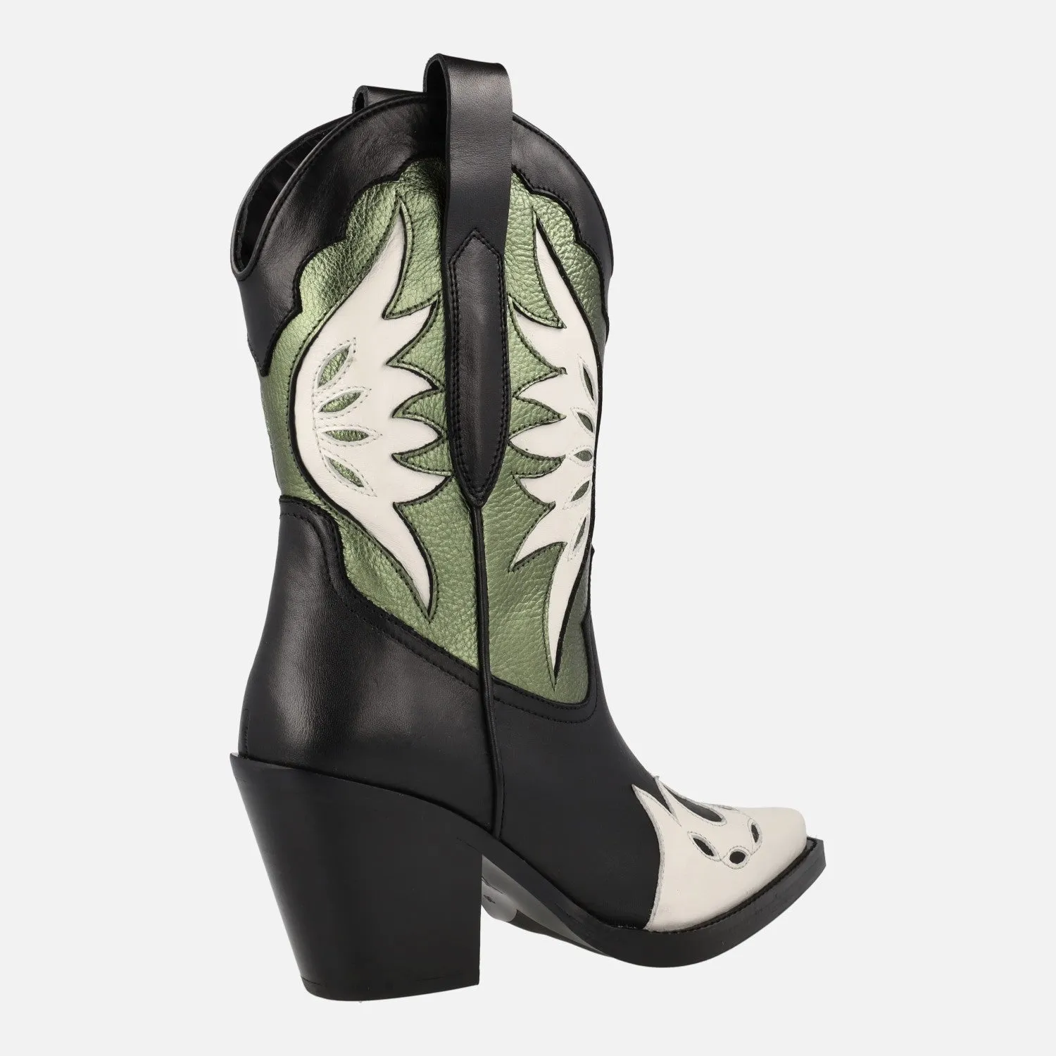 Botas cowboy en combinado tricolor negro blanco kaki Joe Sanchez