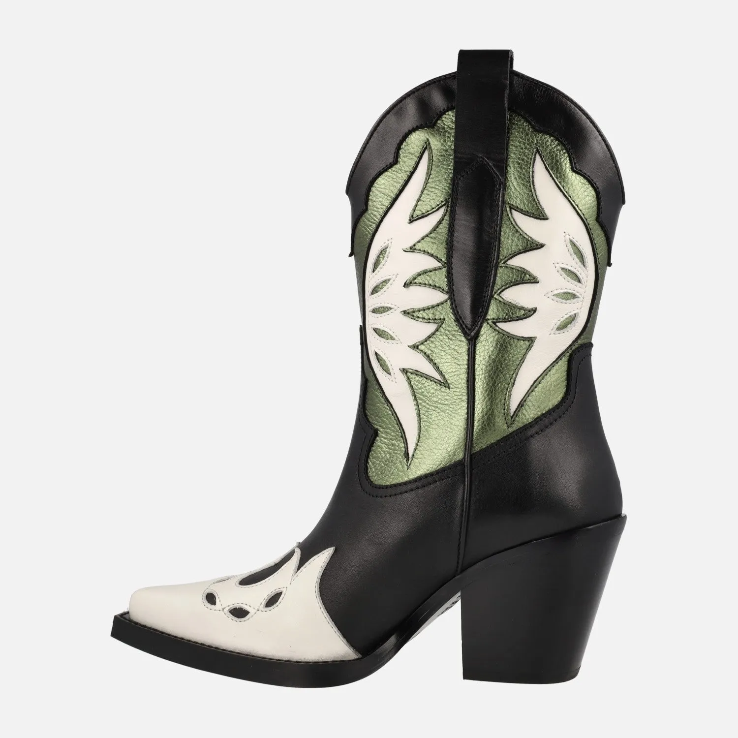 Botas cowboy en combinado tricolor negro blanco kaki Joe Sanchez
