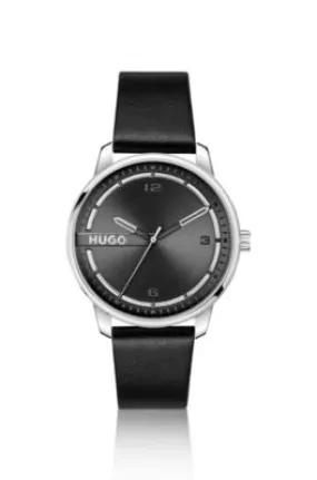 Reloj de acero inoxidable con correa de piel negra